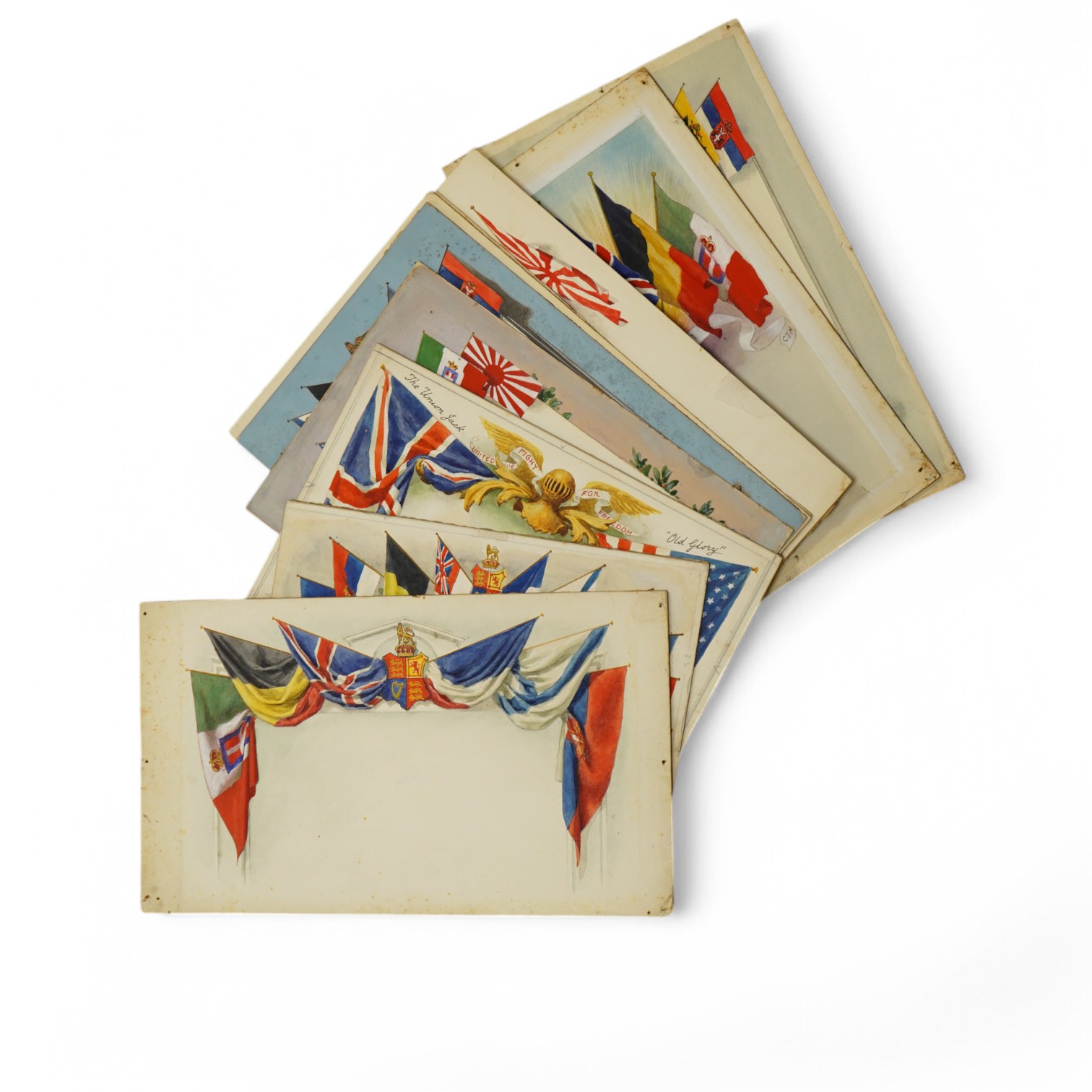 Charles Thomas Howard (1865–1942), nine original watercolours for patriotic postcard designs, WWI Flags of the Allied Nations, unframed, largest 14 x 23cm. Condition - fair